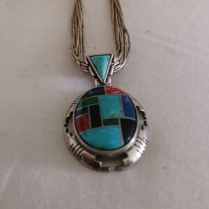 VINTAGE Carolyn Pollack Sterling Silver Inlay Pendent With 10 Strand Chain